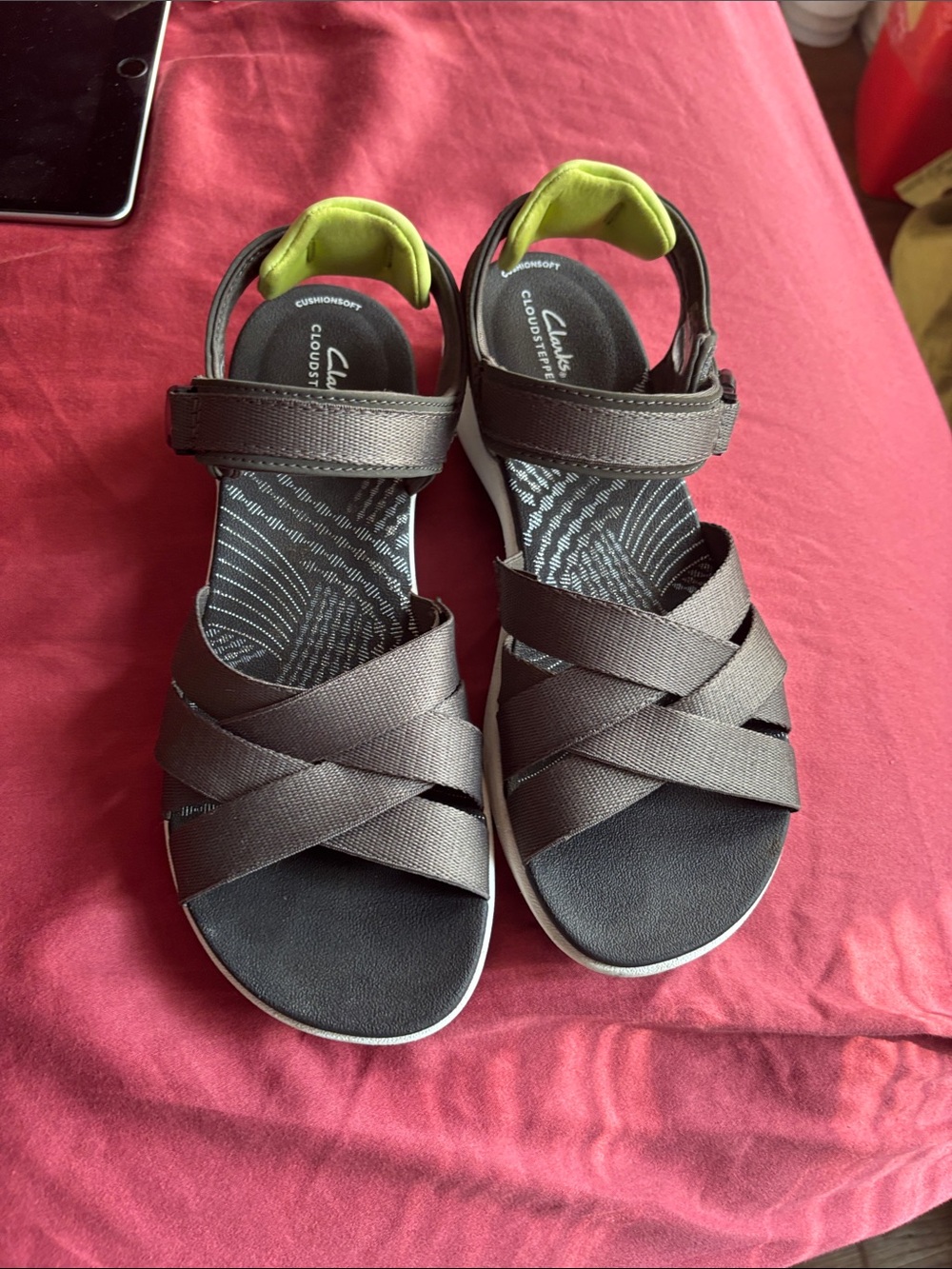 Clarks Gray Strappy Comfort Sandals with Lime Accent
